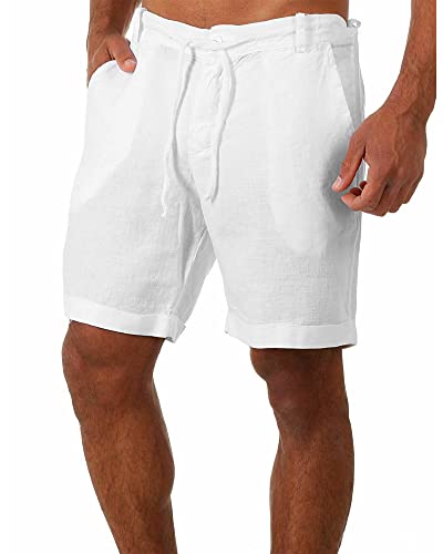YAOBAOLE Leinen Shorts Herren Kurze Sommer Hosen Herren kurz Leinen Shorts Herren Universal Fit Weiß L von YAOBAOLE