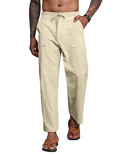 YAOBAOLE Leinen Sommerhose Herren Lang Loose Fit Strandhose Herren Lang Herren Leinenhose Lang Khaki XL von YAOBAOLE