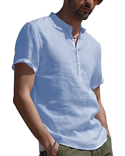 YAOBAOLE Leinenhemd Herren Kurzarm Henley Sommerhemd Freizeithemd Mit Knöpfen Hellblau 3XL von YAOBAOLE