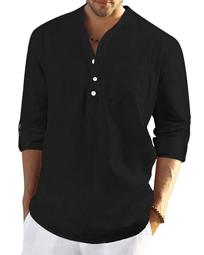 YAOBAOLE Leinenhemd Herren Langarm – Atmungsaktives Henley Shirt, Baumwoll Freizeithemd mit Stehkragen Schwarz M von YAOBAOLE