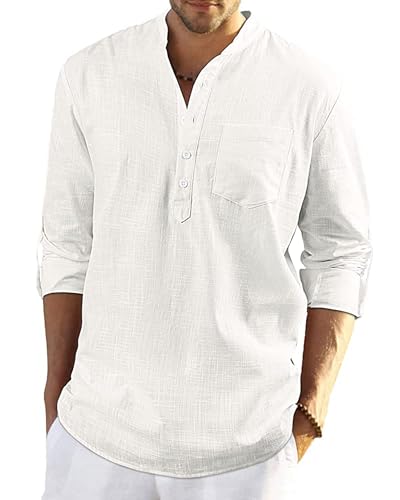 YAOBAOLE Leinenhemd Herren Langarm – Luftiges Henley Shirt, Lockeres Baumwoll-Freizeithemd Weiß M von YAOBAOLE