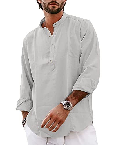 YAOBAOLE Leinenhemd Herren Langarm Oberhemden Herren Hemd Button-down Freizeithemden Shirt Hellgrau L von YAOBAOLE