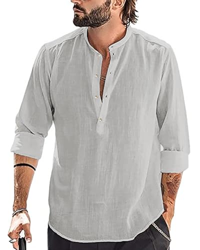 YAOBAOLE Leinenhemd Herren Langarm Oberhemden Herren Hemd Button-down Freizeithemden Shirt Hellgrau L von YAOBAOLE