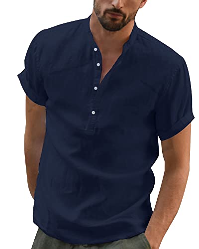 YAOBAOLE Leinenhemd für Herren, kurzärmlig, Maokragen, Sommerhemd, leicht, aus Baumwolle, Leinen, Strandhemd, klassisch, lässig, Henley Shirt, marineblau, L von YAOBAOLE