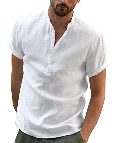 YAOBAOLE Leinenhemd für Herren, kurzärmlig, Maokragen, Sommerhemd, leicht, aus Baumwolle, Leinen, Strandhemd, klassisch, lässig, Henley Shirt, weiß, L von YAOBAOLE