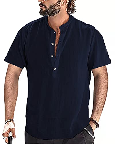 YAOBAOLE Leinenhemd für Herren, kurzärmlig, Sommer, Mao, lässig, Henley, Strandhemd, klassisch, marineblau, XXL von YAOBAOLE