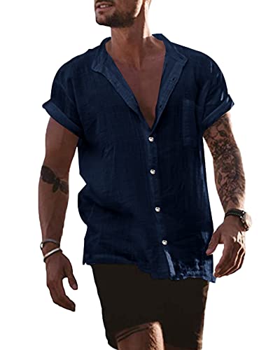 YAOBAOLE Leinenhemden Kurzarm Sommerhemd Herren Regular Fit Marine M von YAOBAOLE
