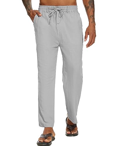 YAOBAOLE Leinenhose Herren Große Größen Hose Leinen Herren Lang Lässige Leinenhose Herren Regular Fit Hellgrau 2XL von YAOBAOLE
