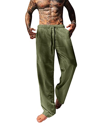 YAOBAOLE Leinenhose Herren Lang Große Größen Leicht Hose Leinen Slim Fit Armeegrün 2XL von YAOBAOLE