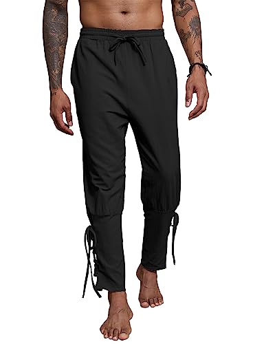 YAOBAOLE Leinenhose Herren Mittelalter Halloween Hose Herren Mittelalter Sommer Hose Herren Mitteralter Schwarz 3XL von YAOBAOLE