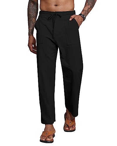 YAOBAOLE Leinenhose Herren Sommer Freizeit Strandhose Herren Lang Leinenhosen Männer Loose Fit Schwarz M von YAOBAOLE