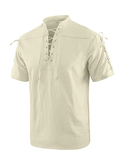 YAOBAOLE Piratenhemd Herren Kostüm Kurzarm Herren Mittelalter Hemd Kurzarm Viking Kostüm Schnürhemd Herren Beige 2XL von YAOBAOLE