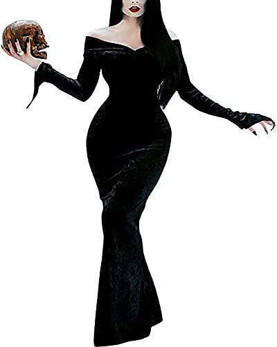 YAOBAOLE Sexy Halloween Karneval Kleid Damen Langarm Samt Partykleid Damen Kostüm Cosplay Outfit Maxi Kleid Damen Schwarz S von YAOBAOLE