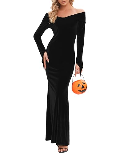 YAOBAOLE Sexy Halloween Karneval Kleid Damen Langarm Samt Renaissance Partykleid Damen Kostüm Cosplay Outfit Maxi Kleid Damen Zurück Split Schwarz S von YAOBAOLE