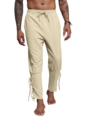 YAOBAOLE Sommer Hose Herren Mitteralter Wikinger Renaissance Steampunk Mittelalter Leinenhose Herren Khaki 2XL von YAOBAOLE