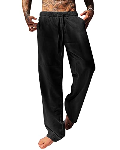 YAOBAOLE Strandhose Herren Lang Herren Leinenhose Leicht Fit Lose Hose Leinen Herren Schwarz XL von YAOBAOLE