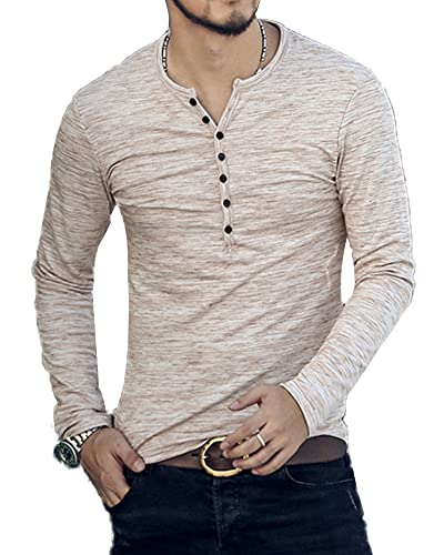 YAOBAOLE V-Ausschnitt Henley Shirt Langarm Men Langarmshirt Herren Slim Fit Shirt Knopf Herren Khaki S von YAOBAOLE