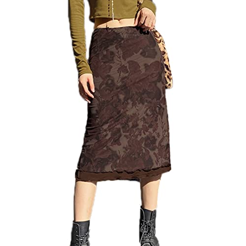 Damen-Halbrock Retro-Braun-Print Low-Waist-Rock doppellagiger Boden über dem Knie A-Linien-Rock von YAODAMAI