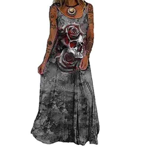 Damen Sling Kleid Punk Totenkopf Print lose große Spitzenkleid Rose Totenkopf Print Hemd Langer Rock von YAODAMAI