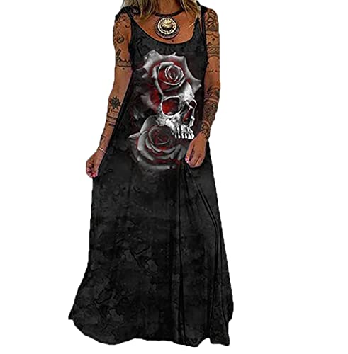 Damen Sling Kleid Punk Totenkopf Print lose große Spitzenkleid Rose Totenkopf Print Hemd Langer Rock von YAODAMAI