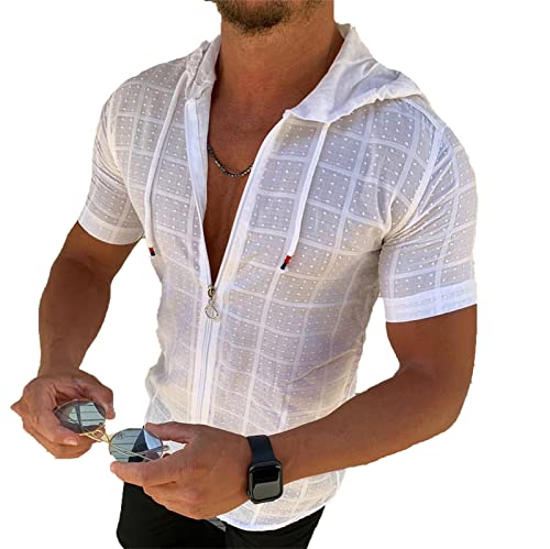 Herren einfarbiges Kapuzen-Kurzarmhemd Modisches lässiges einteiliges T-Shirt mit Kapuze und Reißverschluss von YAODAMAI