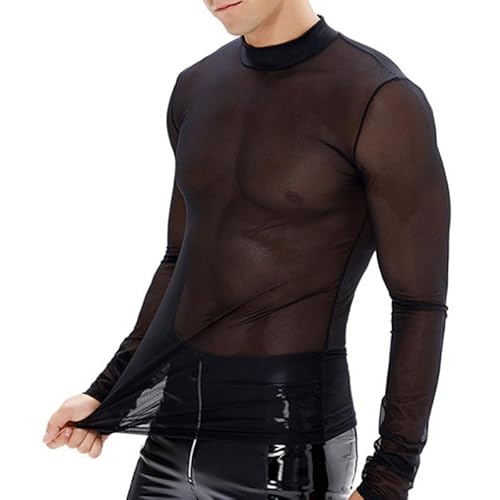Men's Black Mesh Breathable Solid Color Long Sleeve T-Shirt Große Größe Sheer Versatile Stretch Base Layer Top von YAODAMAI