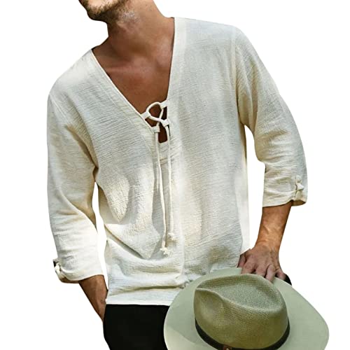 YAODAMAI Herren Casual Baumwolle Leinen Mode 7 Punkt Ärmel Kordelzug Einfarbiges Hemd Lose Mode Strand Stil Top von YAODAMAI