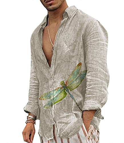 YAODAMAI Herren Hemd mit Schmetterlings-Print Baumwoll-Leinen-Langarmhemd Lässiges Top mit Print von YAODAMAI