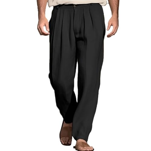 YAODAMAI Herren Leinen Plissee Freizeithosen Lose Gerade Einfarbige Freizeithosen von YAODAMAI