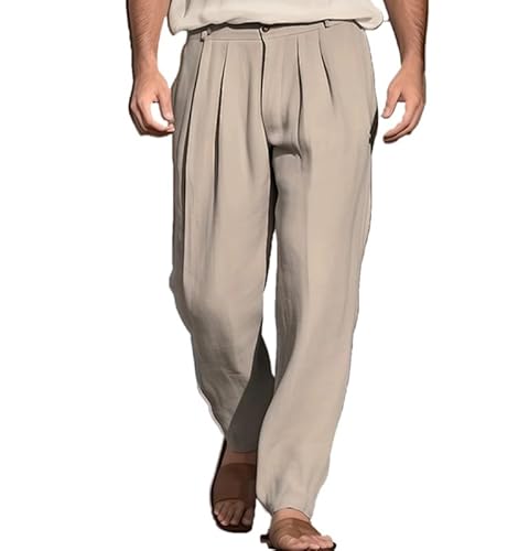YAODAMAI Herren Leinen Plissee Freizeithosen Lose Gerade Einfarbige Freizeithosen von YAODAMAI