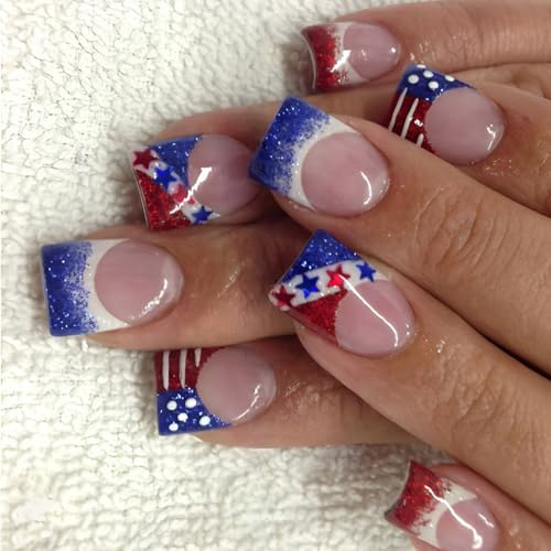 Kurze Französische Tipps Press Auf Nägeln 24 Teile Unabhängigkeitstag Falsche Nägel Mit Glitzern Stripes Und Star Für Frauen Girls Acrylnagel von YAOGUI