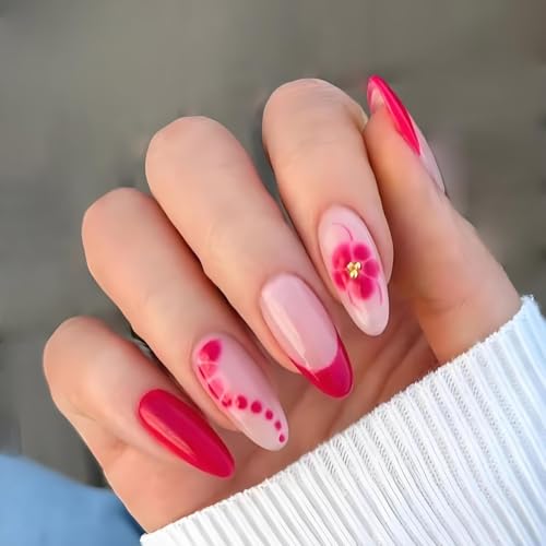 Mandelförmige Nägel zum Aufdrücken, Blumendesign, französische künstliche Nägel, Acryl, künstliche Nägel, zum Aufkleben, für Damen, 24 Stück Mandelförmige Nägel zum Aufdrücken, Blumendesign, französische künstliche Nägel, Acryl, künstliche Nägel, zum Aufkleben, für Damen, 24 Stück von YAOGUI