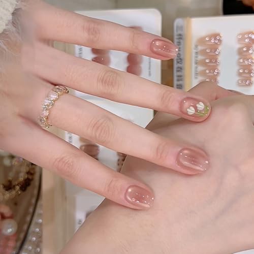 Press On Nails Quadratische Kunstnägel mit Blumen-Design, Katzenaugen, glänzend, zum Aufkleben auf Acrylnägel für Frauen von YAOGUI