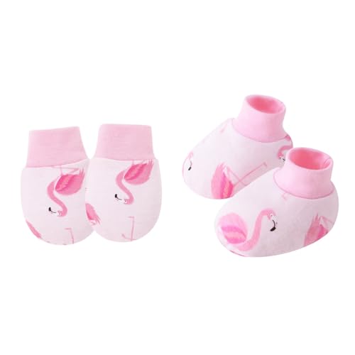 YAOGUI 1 Set Baby Handschuhe & Socken Fußabdeckungen Set für Neugeborene bis 6 Monate mit Cartoon-Muster Sanfter Baumwollstoff Geschlechtsneutral Baby, Flamingo, Einheitsgröße von YAOGUI