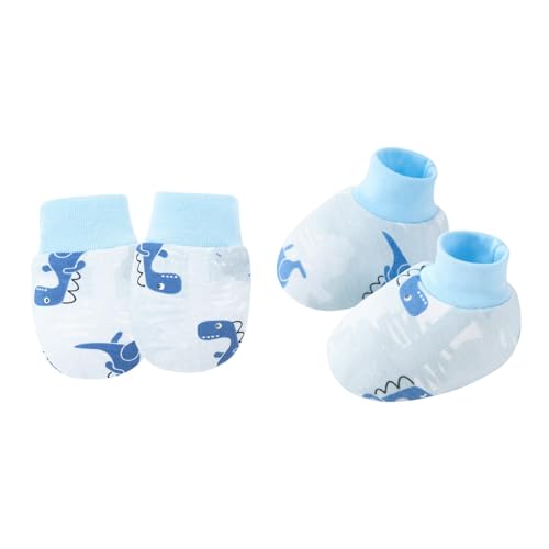 YAOGUI 1 Set Baby Handschuhe & Socken Fußabdeckungen Set für Neugeborene bis 6 Monate mit Cartoon-Muster Sanfter Baumwollstoff Geschlechtsneutral Baby, Hellblauer Dinosaurier, Einheitsgröße von YAOGUI