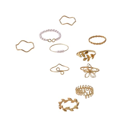 YAOGUI 10 Teile Komplizierte Blumenblatt Weinlese Imitation Perlen Ringe Stilvolle Schmuck Trendy Fingerzubehör Für Alltägliche Verschleiß Eleganter Legierungsringe von YAOGUI