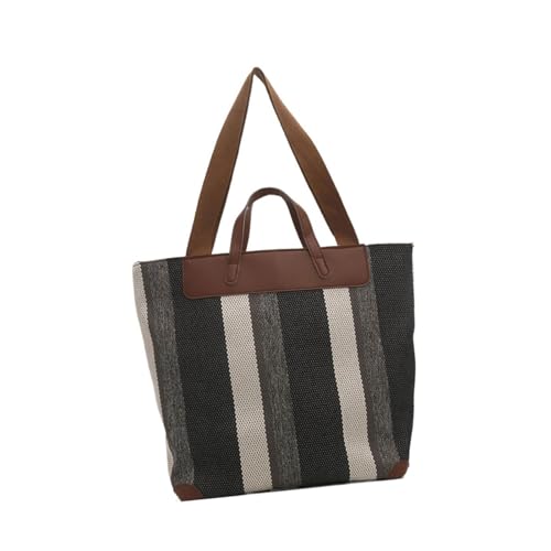YAOGUI Damen Pendler Große Kapazität Schultertasche Casual Streifen Muster Canvas Handtasche Kunstleder Griff Unterarm Geldbörse Canvas Handtasche, Schwarz , One Size YAOGUI Damen Pendler Große Kapazität Schultertasche Casual Streifen Muster Canvas Handtasche Kunstleder Griff Unterarm Geldbörse Canvas Handtasche, Schwarz , One Size von YAOGUI