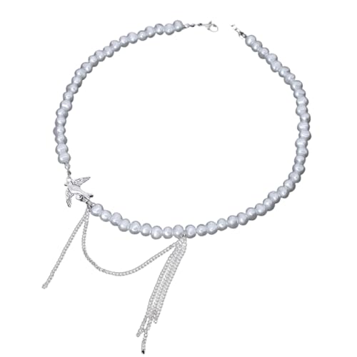 YAOGUI Halskette mit Kunstperlen, Schwalben-Halskette mit beweglichen Quasten, Akzente für den Alltag oder Abendparty, Schlüsselbeinkette, Schmuck, zarter V-Ausschnitt-Schmuck für Outfits von YAOGUI