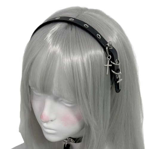 YAOGUI Hot Girl Punk Kreuze Haarreifen Leder Stirnband für Cosplay 2000er Jahre Mode Unisex tragen Hot Girl Punk Grommet Haarband von YAOGUI