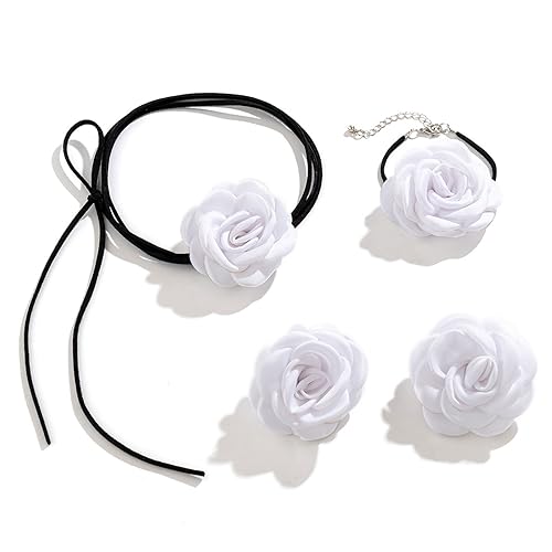 YAOGUI Schmuck-Set, 3-teiliges Set, elegante Schnürkette, Halskette für Damen und Mädchen, großer Blumenanhänger, Charm-Halskette, Armband und Ohrringe, Set zum Valentinstag, Geburtstag, Stoff von YAOGUI