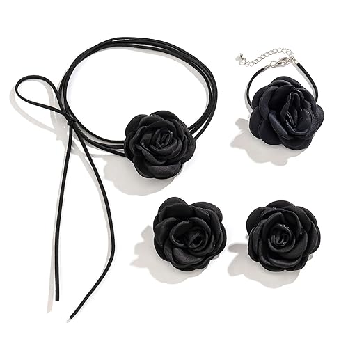 YAOGUI Schmuck-Set, 3-teiliges Set, elegante Schnürkette, Halskette für Damen und Mädchen, großer Blumenanhänger, Charm-Halskette, Armband und Ohrringe, Set zum Valentinstag, Geburtstag, Stoff von YAOGUI