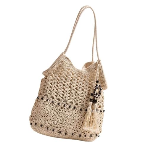 YAOGUI Schultertasche mit Quasten, großes Fassungsvermögen, Unterarmtasche, Urlaubs-Handtasche für Freizeit, Reisen und Strandurlaub, geräumiger Innenraum, beige, One Size von YAOGUI