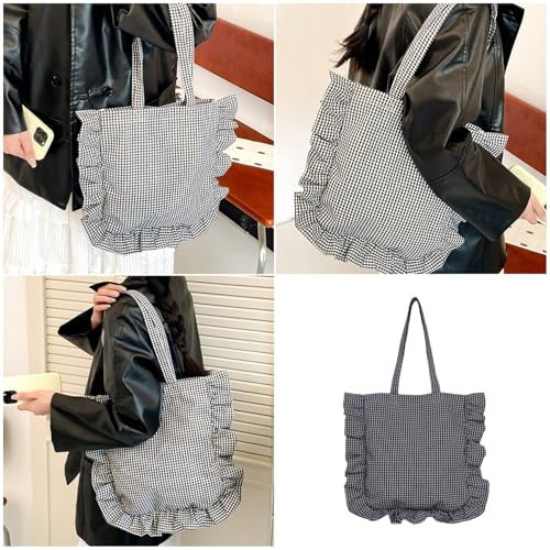 YAOGUI Trendy Karierte Umhängetasche Mit Rüschendetail Praktische Stoff Geräumige Kompartimente Handtasche Für Den Täglichen Gebrauch Rüschengeschnittene Unterarm von YAOGUI