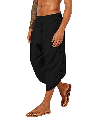 Herren Baumwolle Leinen Hosen Lose Casual Yoga Hosen Strandhose Sommer Leichte Elastische Taille Kordelzug, Schwarz , 31-35 von YAOHUOLE