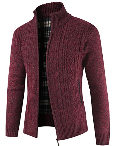 YAOHUOLE Herren Strickjacke Langarm Herren Knöpfe Knopfleiste Strickjacke Zopfmuster Grobstrick Strickjacke Pullover Herren Rot XL von YAOHUOLE