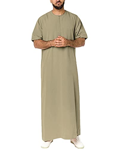 Thobe für Herren Baumwolle Leinen Rundhals Kaftan Kurzarm Islamische Lounge Abaya Roben mit Reißverschluss Leiste, dunkles kaki, XXXL von YAOHUOLE