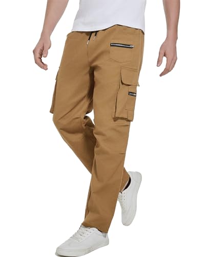 YAOHUOLE Arbeitshose Männer Casual Strandhose Herren mit Taschen Cargo Hosen Herren Leicht Lang Khaki M von YAOHUOLE