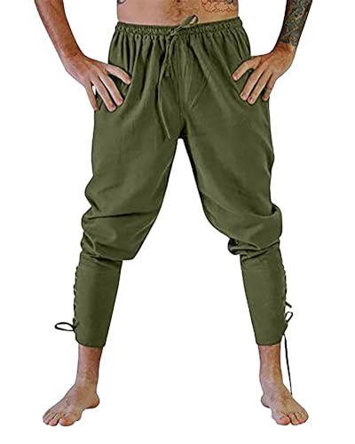 YAOHUOLE Basic Einfarbig Halloween Hose Schnürhose Herren Mittelalter Sommer Hose Herren Mitteralter Armeegrün 3XL von YAOHUOLE