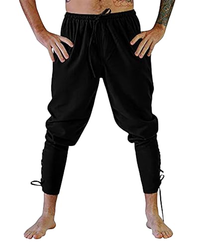 YAOHUOLE Basic Einfarbig Halloween Hose Schnürhose Herren Mittelalter Sommer Hose Herren Mitteralter Schwarz 3XL von YAOHUOLE