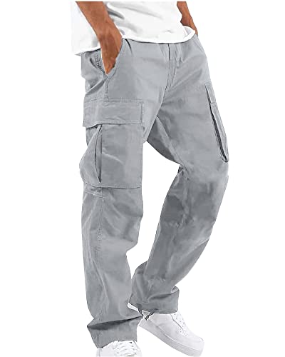 YAOHUOLE Cargo Hosen Männer Lang Leinenhose Herren Leichte Lose Herren Arbeitshosen Regular Fit Grau 2XL von YAOHUOLE